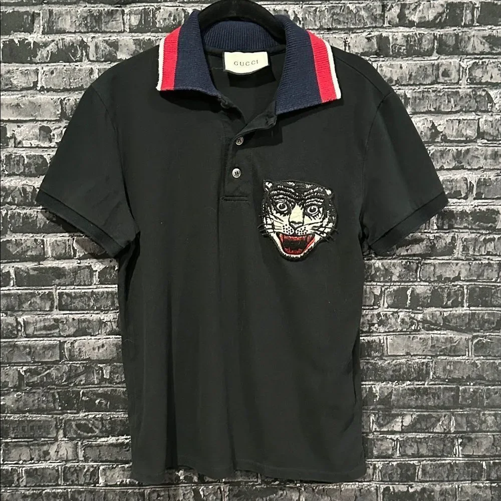 Gucci Black Polo with Embroidered Tiger and Red-Blue Collar